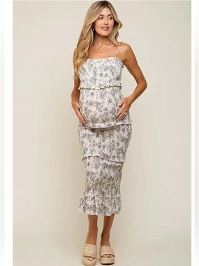 Pinkblush Floral Maternity Midi Dress in Light Gray and Lavender